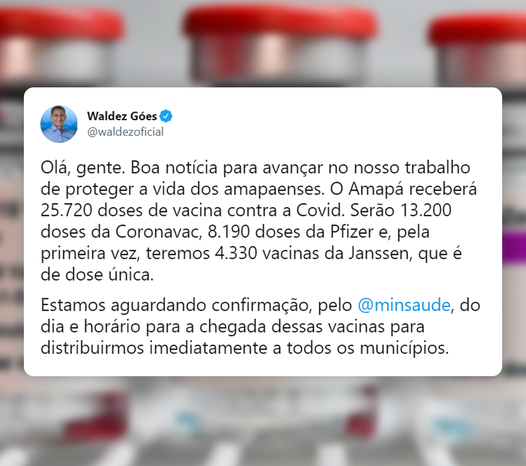Amapá receberá mais 25.720 doses de vacina contra a Covid
